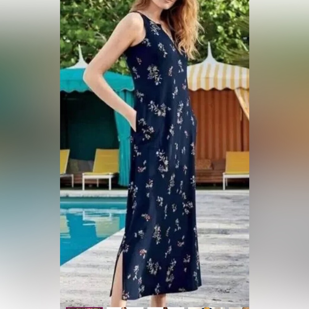 J. Jill Navy Floral Sleeveless Maxi Dress with Pockets